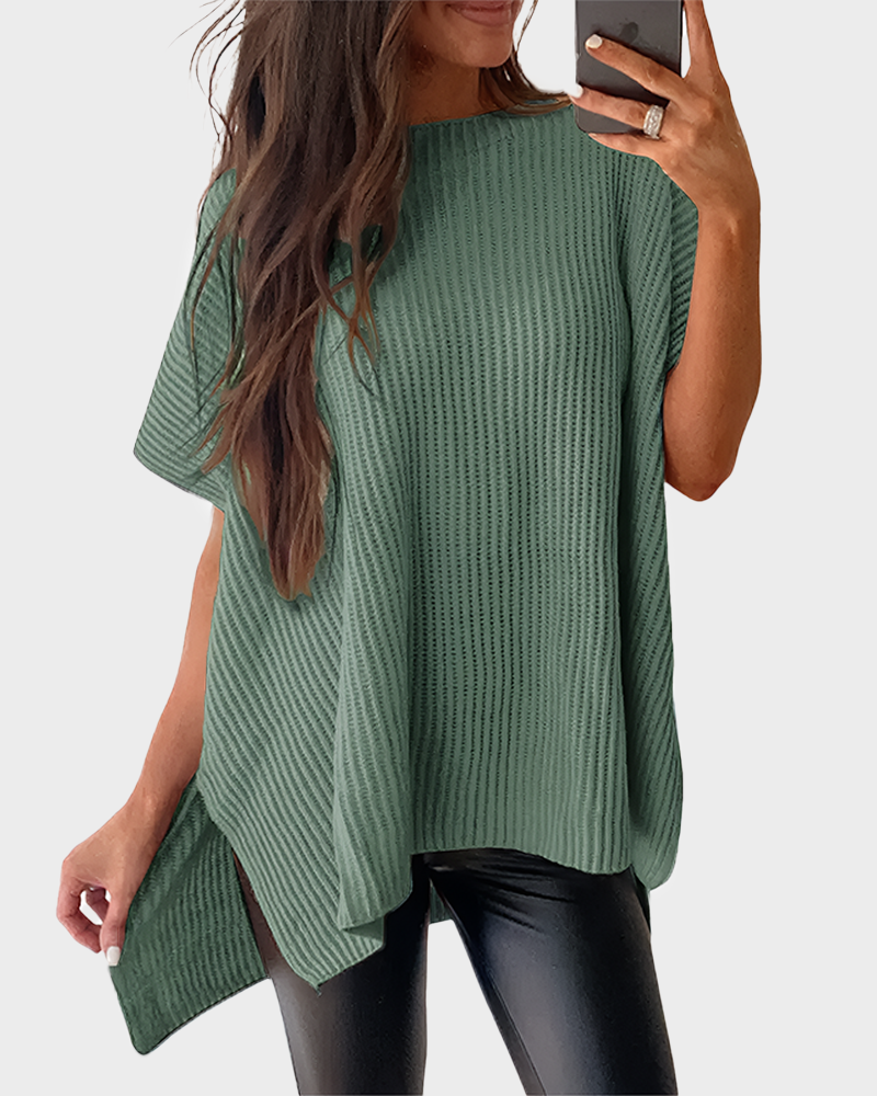 Summer Vibes Oversized Ribbed Crew Neck Knit Top with Side Slit