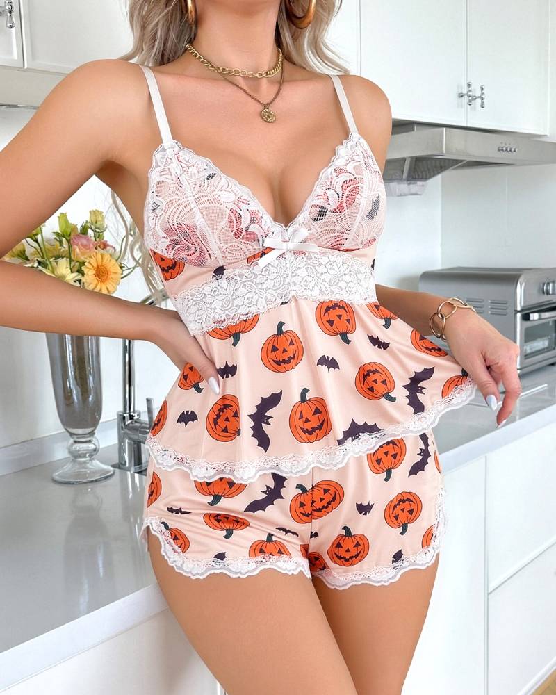 Lace Bow Decor Spaghetti Strap Cami & Shorts Sleepwear Set