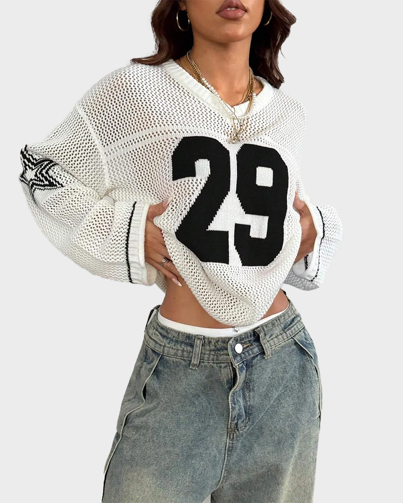Hollow Football Y2K Long Sleeve Sweater Women's Streetwear Retro Casual Pullover