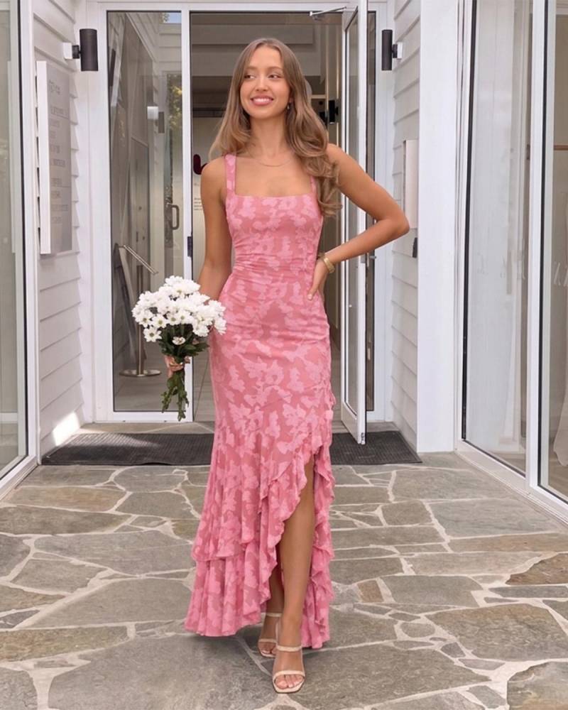 Floral Ruched Bodycon Mermaid Dress Square Neck Formal Wedding Guest Gown