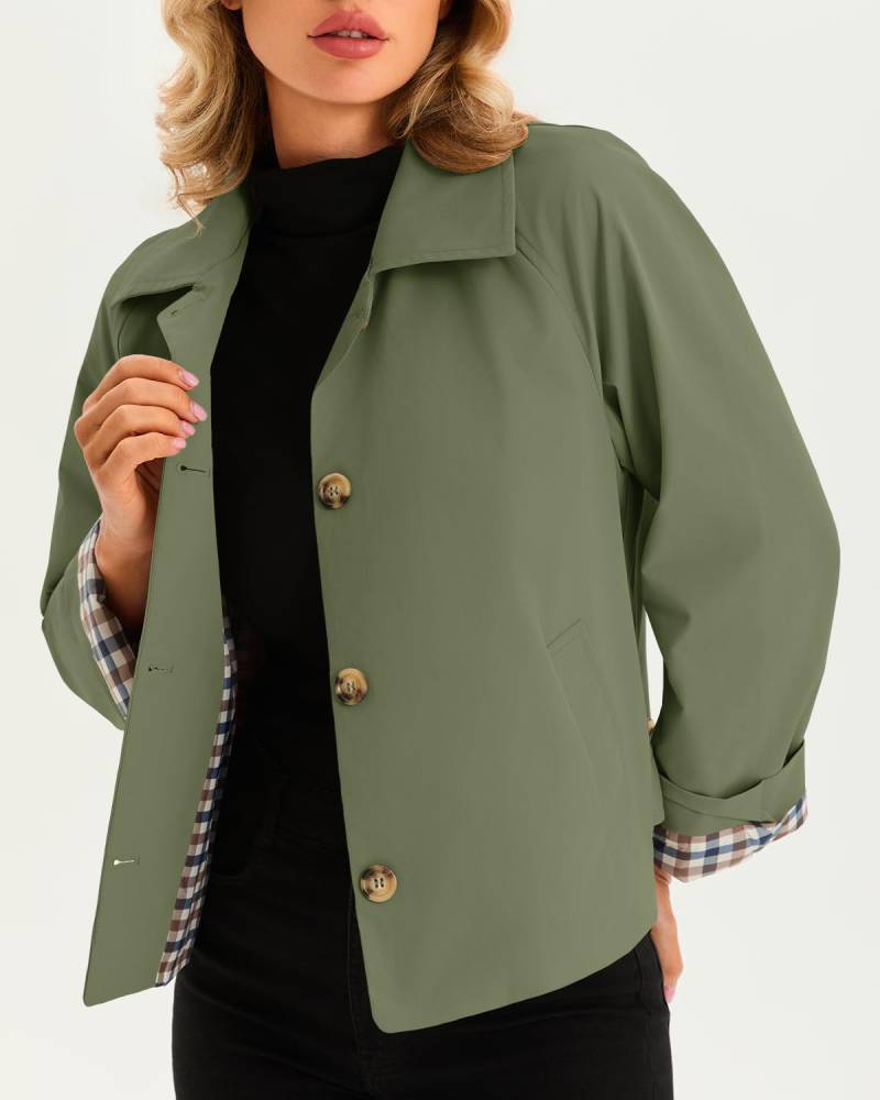 Women's Cropped Trench Coat Style Oversized Checkered Lining Jacket