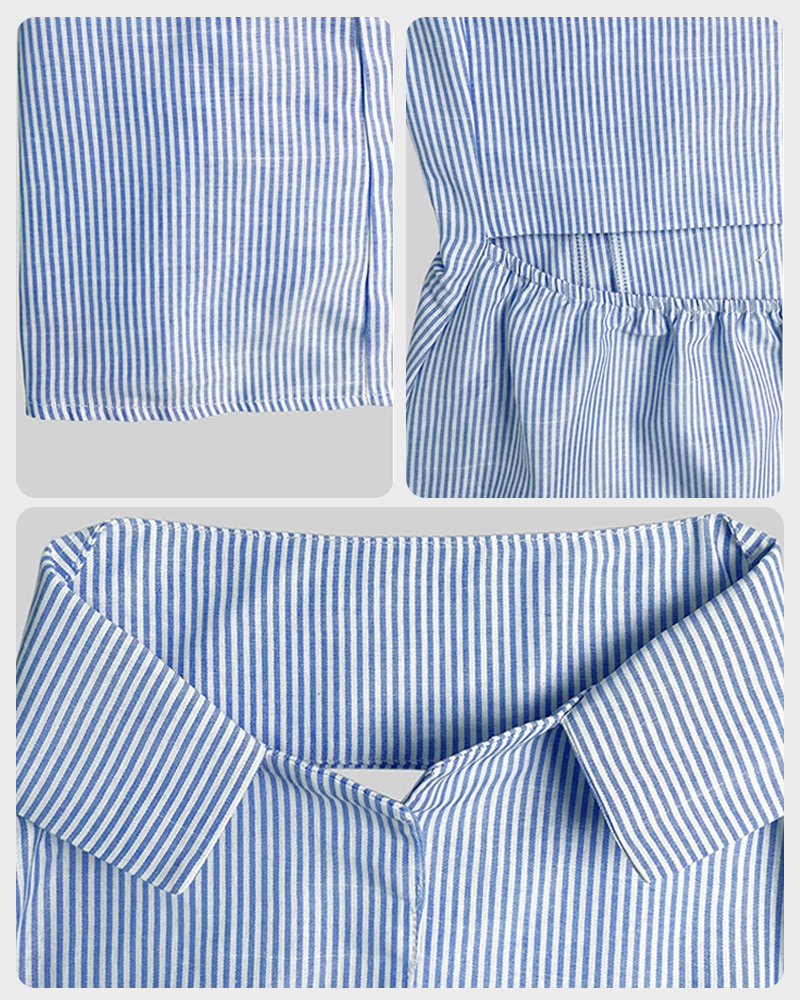 Striped Halter Short Dress Deep V Neck Single Button A Line Skirt