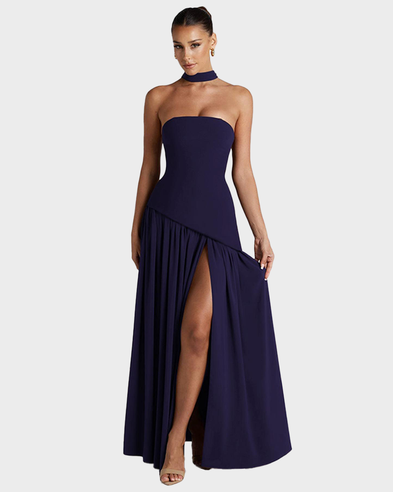 Women's Plain Split Thigh Strapless Bodycon Tube Dress