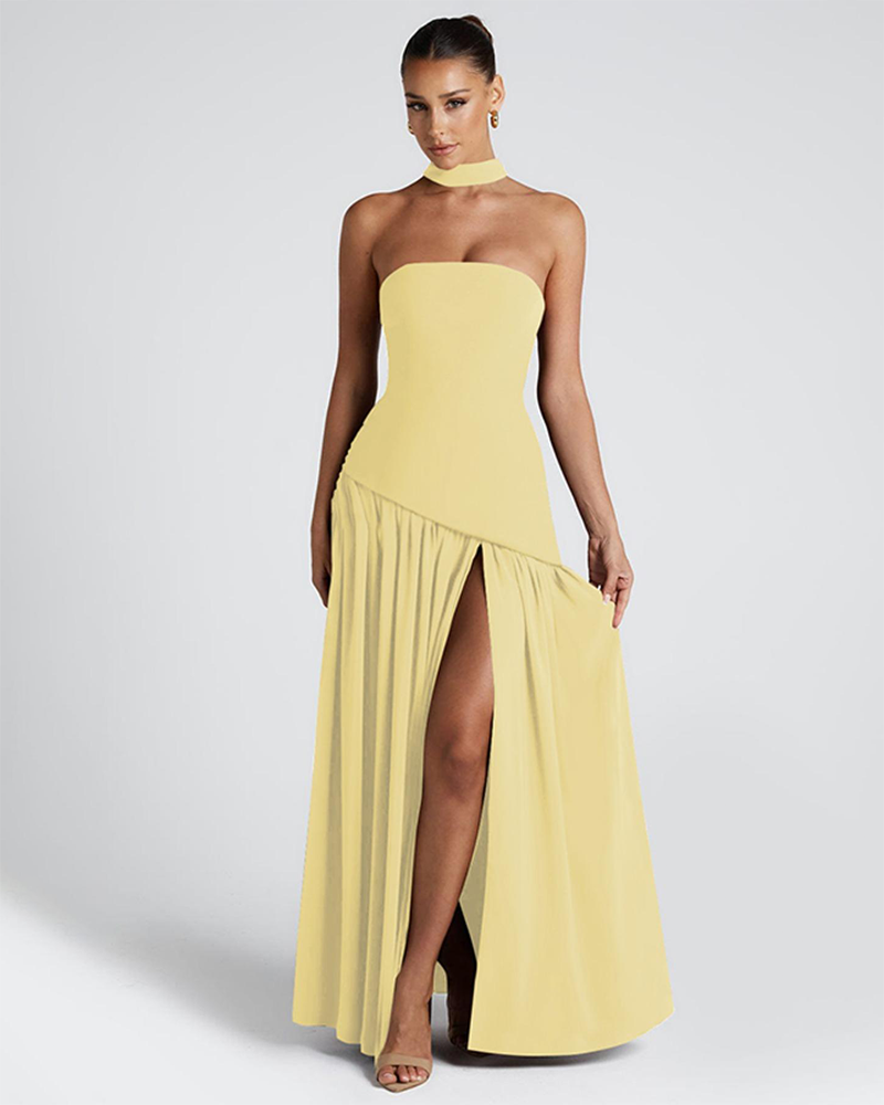 Women's Plain Split Thigh Strapless Bodycon Tube Dress