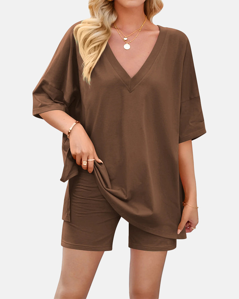 V Neck Oversized Shirt & Biker Shorts 2 Piece Lounge Set