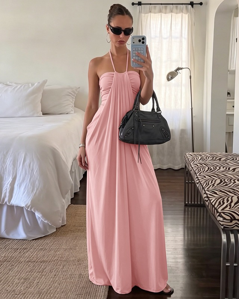 Strapless Halter Neck Sexy Backless with Pockets Tie Back Maxi Dress