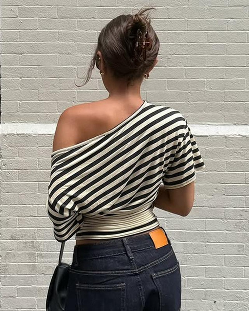Asymmetrical One Shoulder Striped Asymmetrical Short Sleeve Top