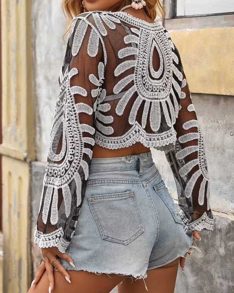 Floral-Embroidered Semi-sheer Long Sleeve Round Neck Cover-Up