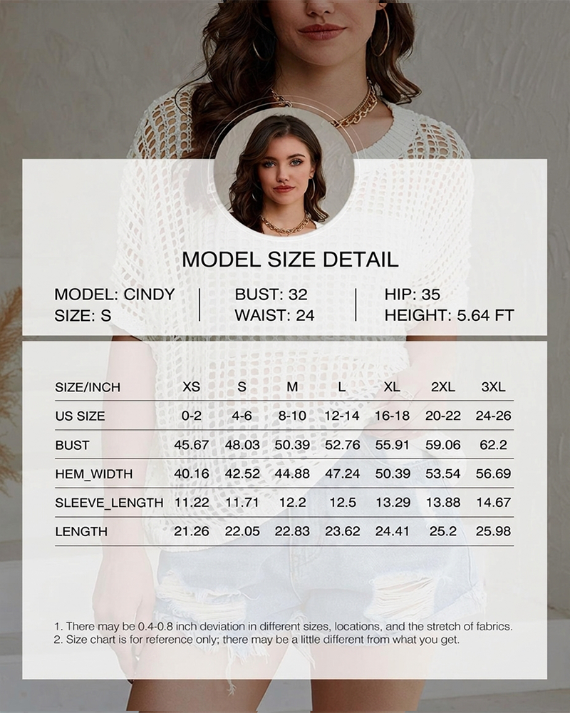 Scoop Neck Short Sleeve Crochet Hollow Out Knit Pullover Top Beach Coverup