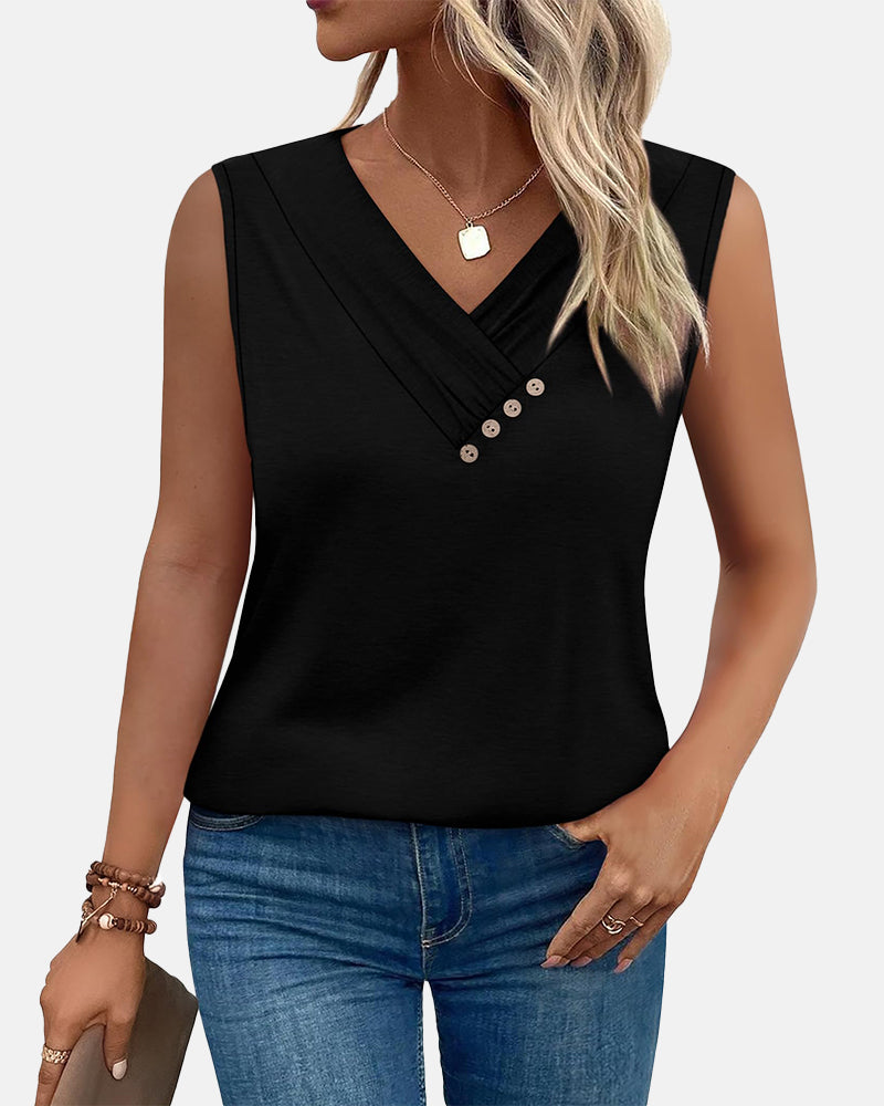 Summer Button Down V Neck Sleeveless Loose Fit Fashion Top