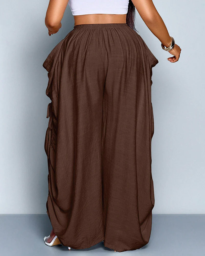 Women's Loose Fit Wide Leg Drawstring Pants Woven Plain