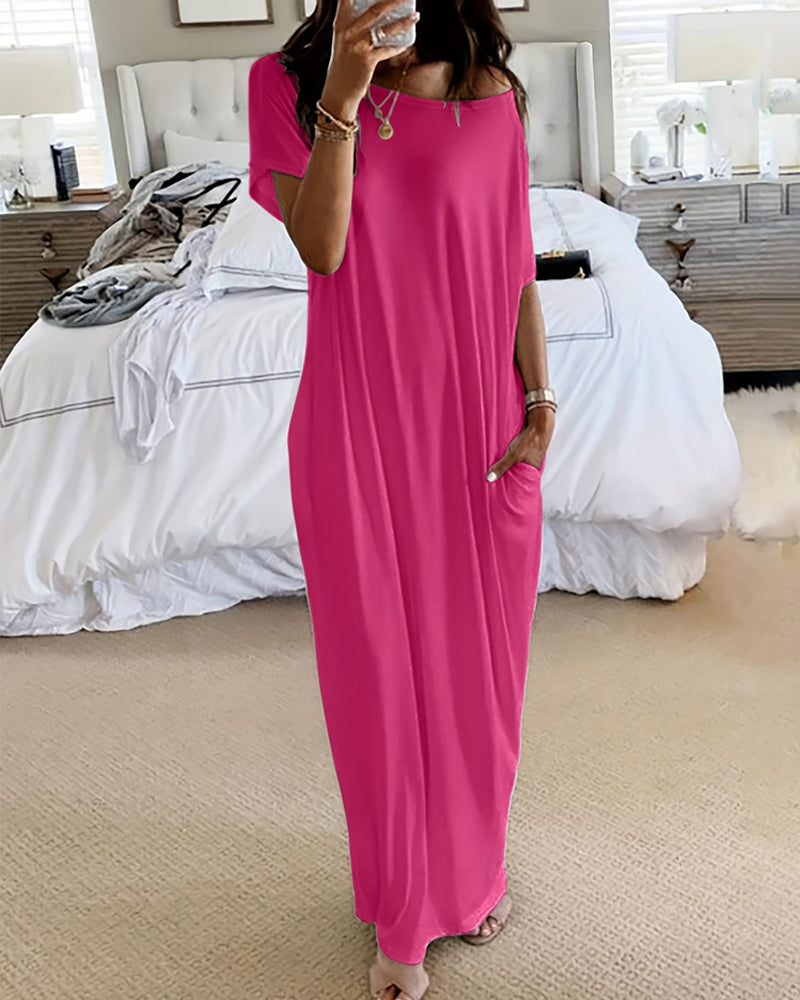 Batwing Sleeve Casual Lounge Dress Comfy Short Sleeve Nightdress