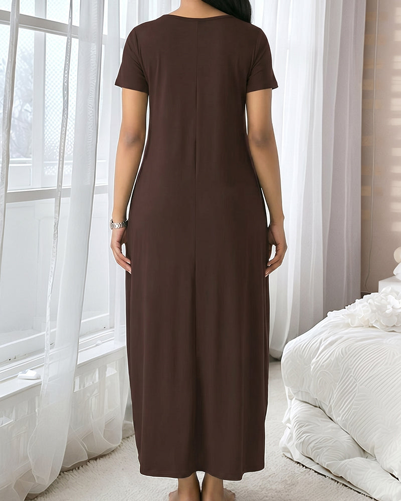 Fitted Short Sleeve Pocket Soft Loungewear Sleepwear Dress