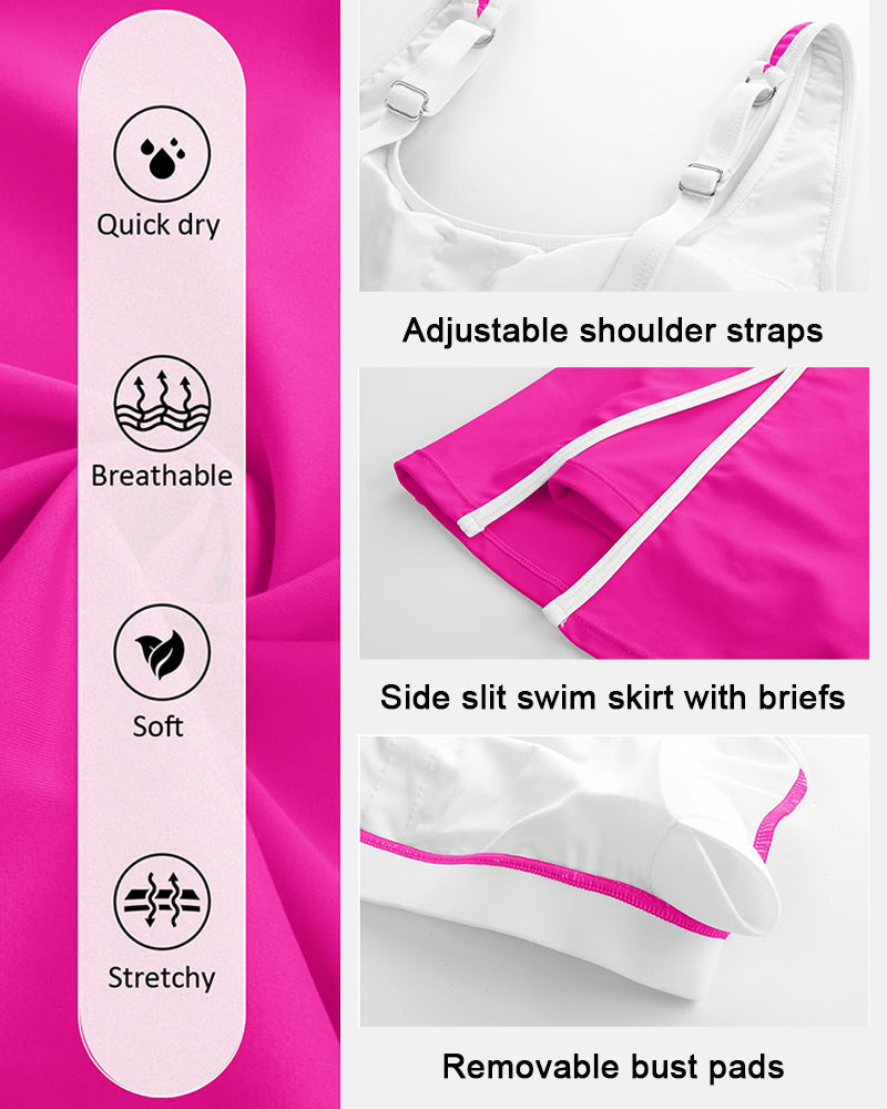 Women's Color Block Two Piece Swimsuit Bikini Set with Side Slit Swim Skirt