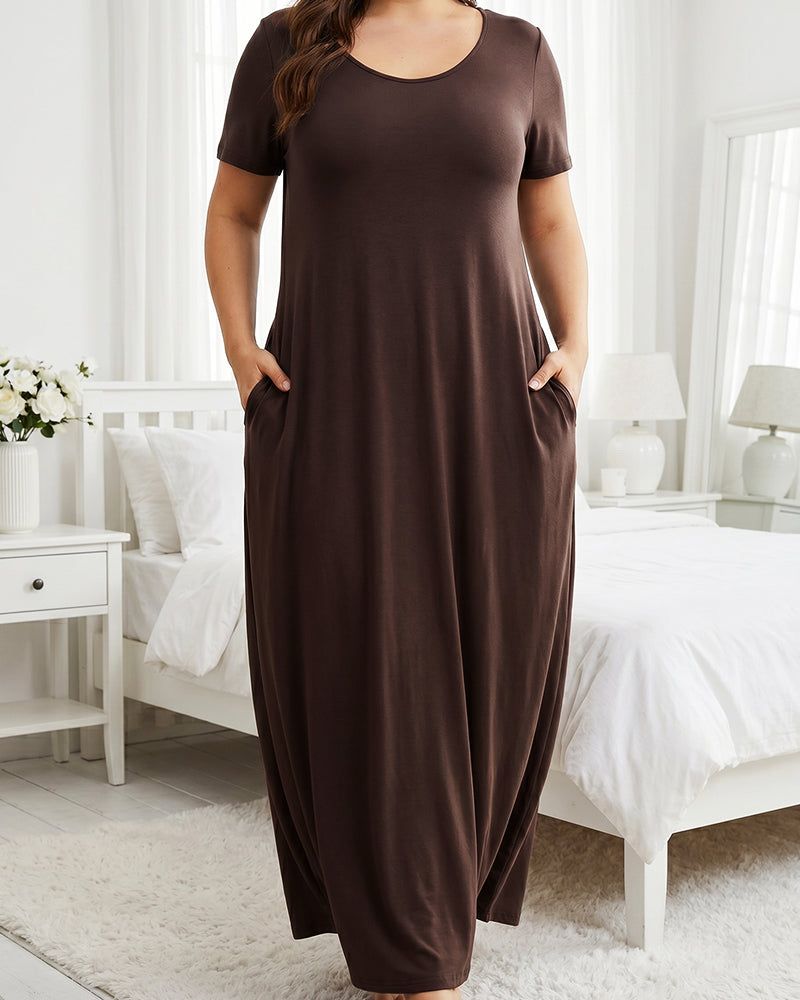 Fitted Short Sleeve Pocket Soft Loungewear Sleepwear Dress