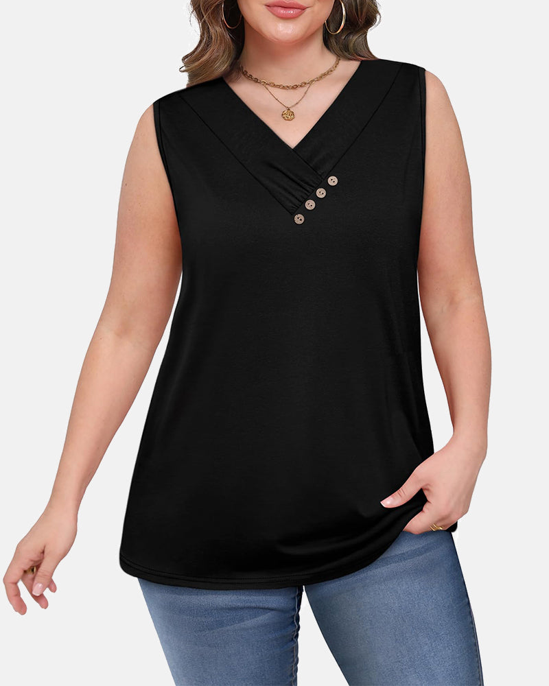 Summer Button Down V Neck Sleeveless Loose Fit Fashion Top