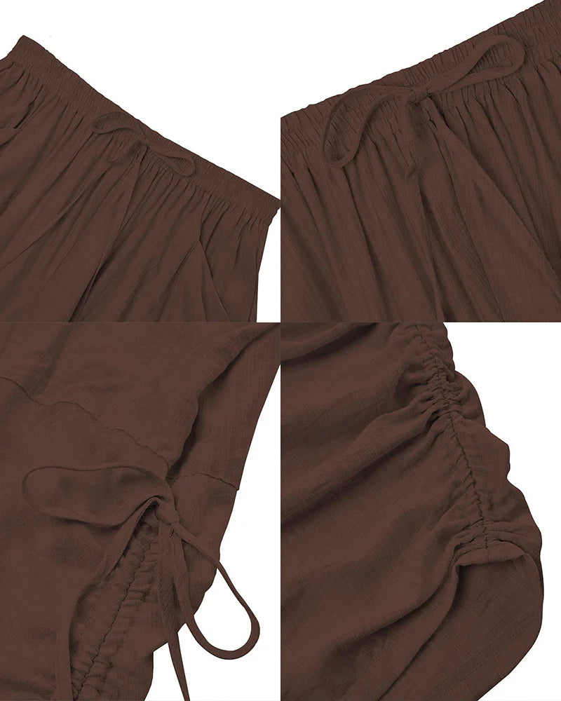 Women's Loose Fit Wide Leg Drawstring Pants Woven Plain