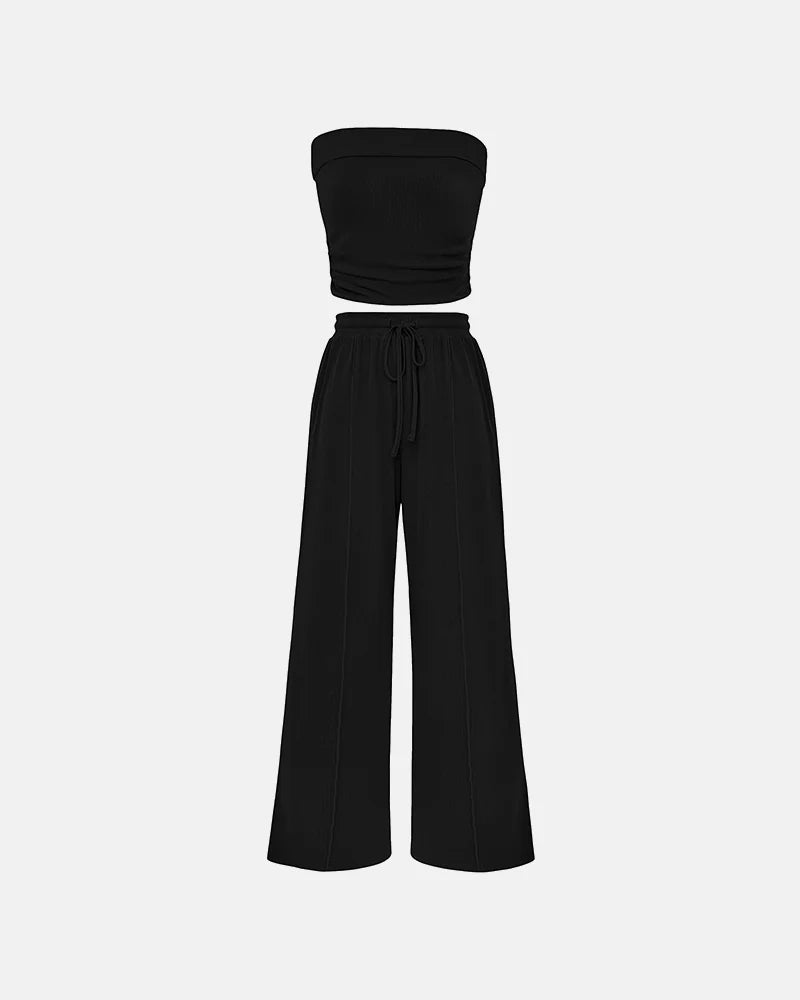 Summer Ribbed Knit Matching Set – Tube Top & Wide Leg Pants