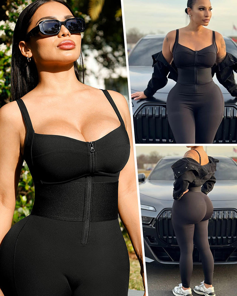 Zipper Shaping Jumpsuit Tummy Control Waist Band One Piece Yoga Bodysuit Activewear