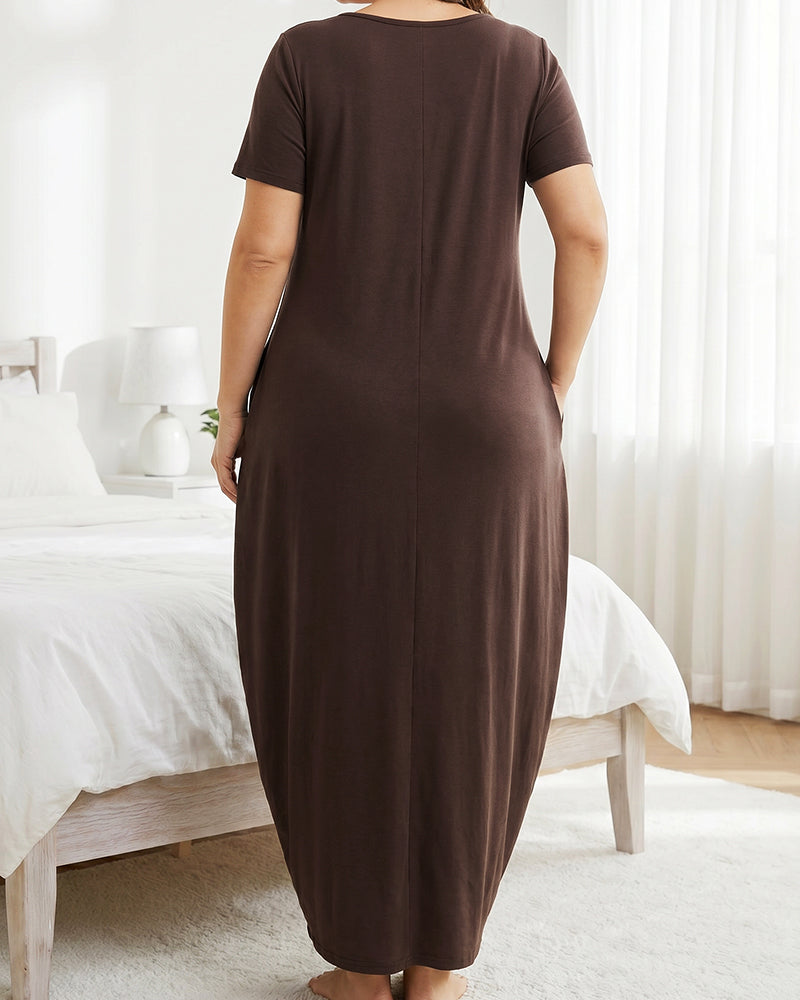 Fitted Short Sleeve Pocket Soft Loungewear Sleepwear Dress