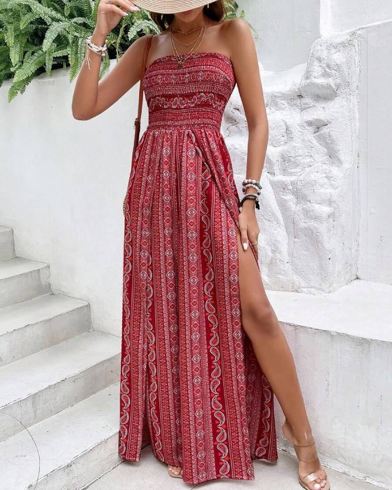 Boho Halter & Strapless High Split Wide Leg Jumpsuit