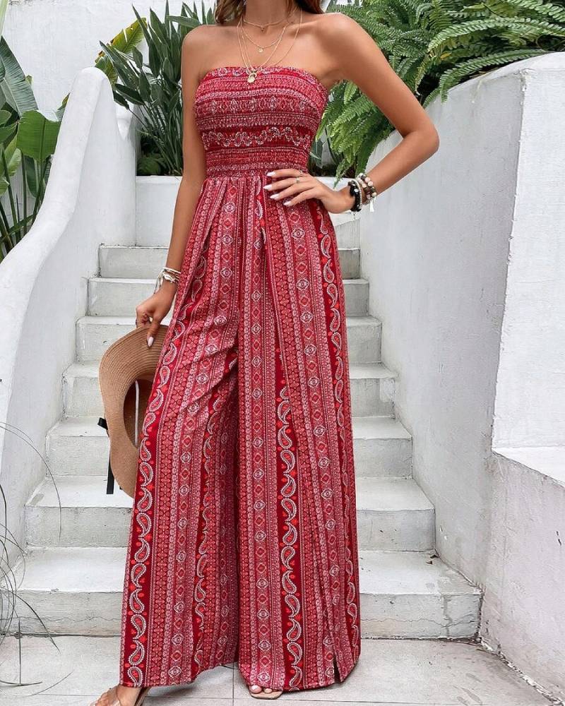 Boho Halter & Strapless High Split Wide Leg Jumpsuit