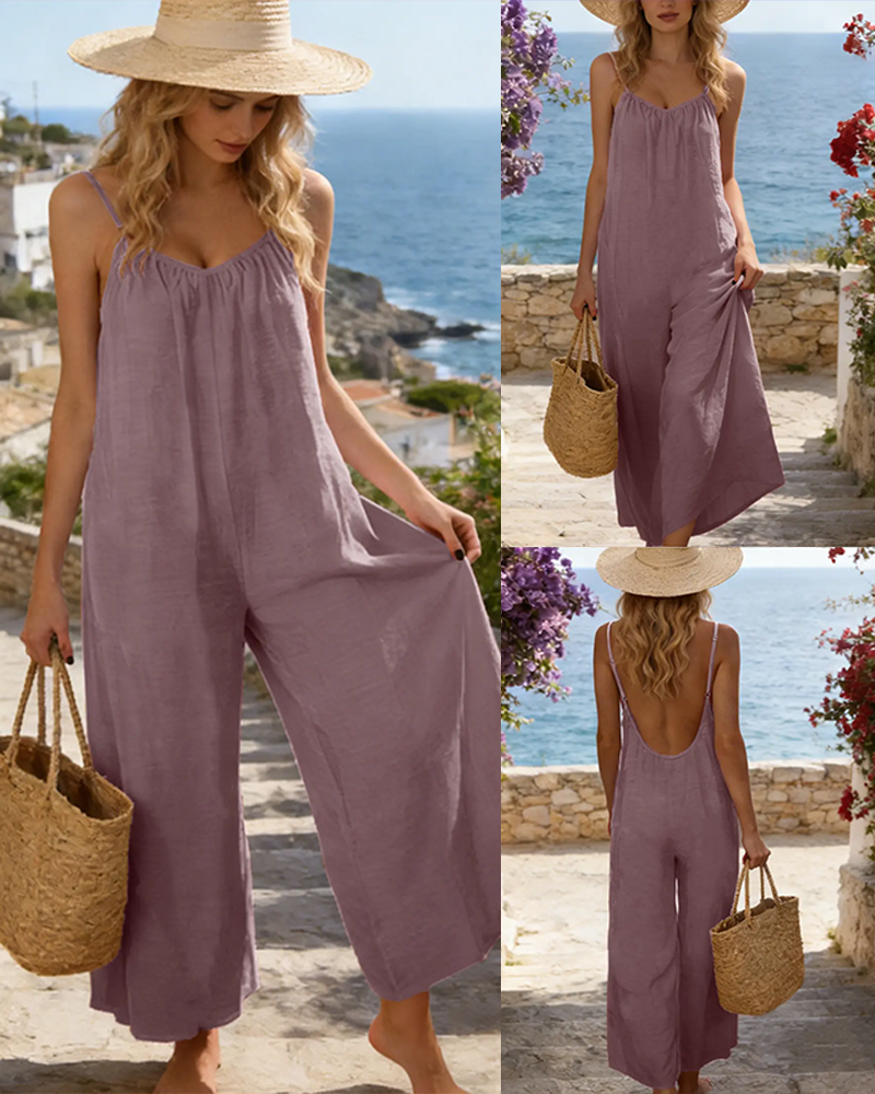 Strappy Backless Wide Leg Romper with Pockets Sleeveless Tie Back Loungewear