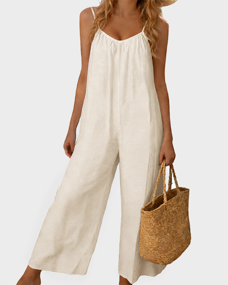 Strappy Backless Wide Leg Romper with Pockets Sleeveless Tie Back Loungewear
