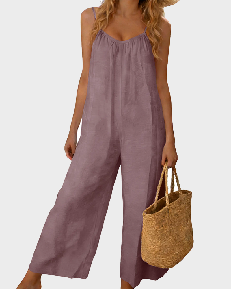 Strappy Backless Wide Leg Romper with Pockets Sleeveless Tie Back Loungewear