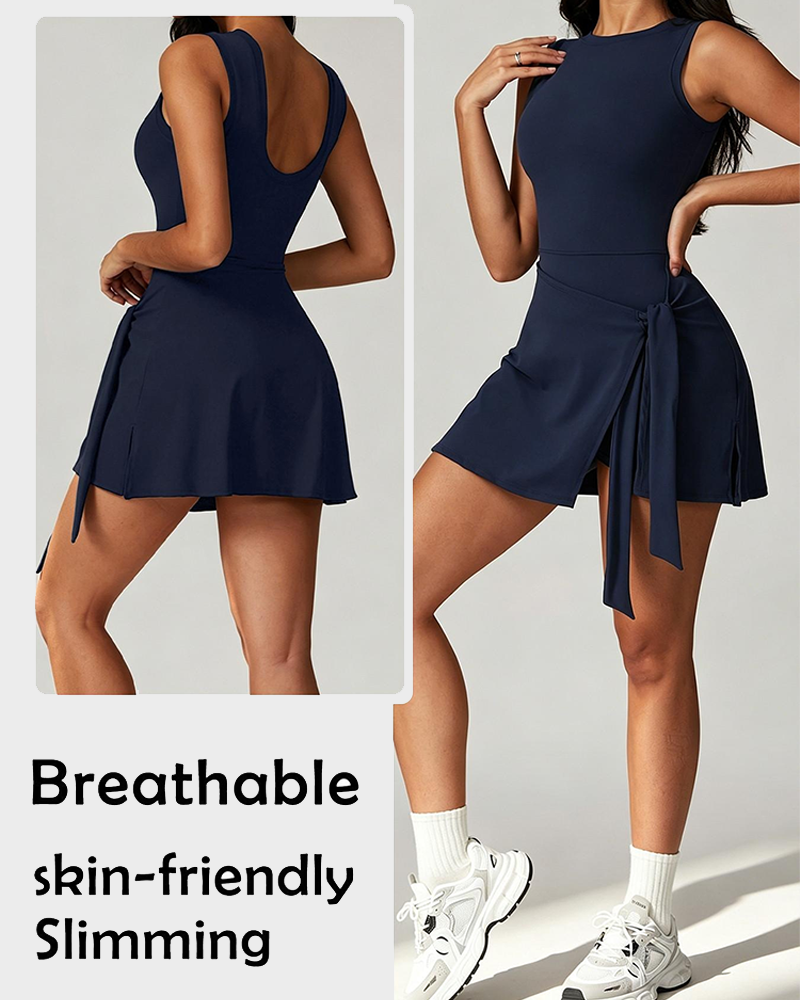 Anti Exposure Tie Front Wrap Sleeveless Soft Slim Fit Sport Dress