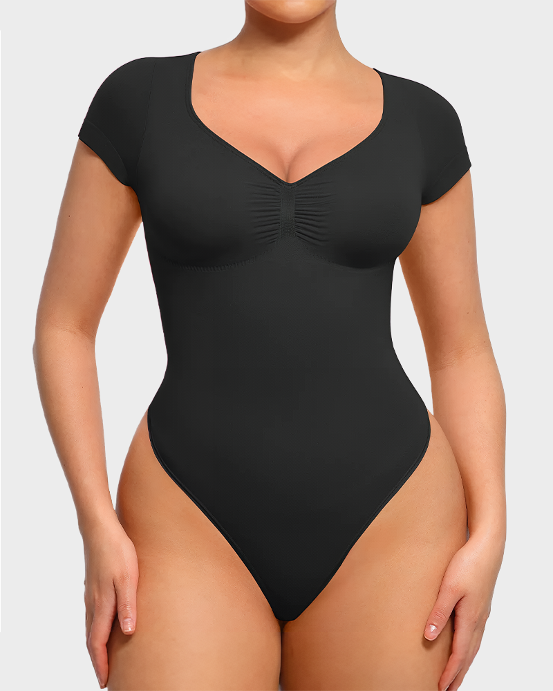 Women's V Neck Tummy Control Seamless Bodysuit Short Sleeve Thong Shapewear