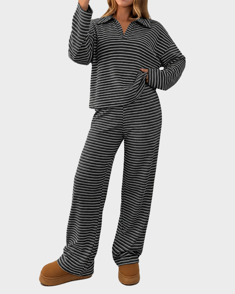 Striped Casual Pajama Set V Neck Drop Shoulder Tee & Elastic Pants Lounge Set