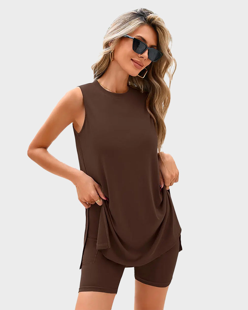 Sleeveless Crewneck 2 Piece Shorts Set Split Hem Casual Basic Fitted Homewear