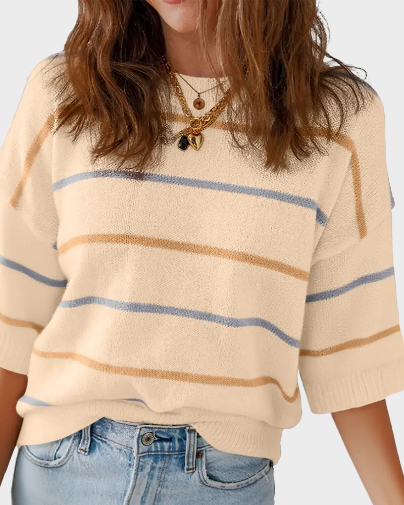 Striped Baggy Pullover Short Sleeve Round Neck Ribbed Cuff Top