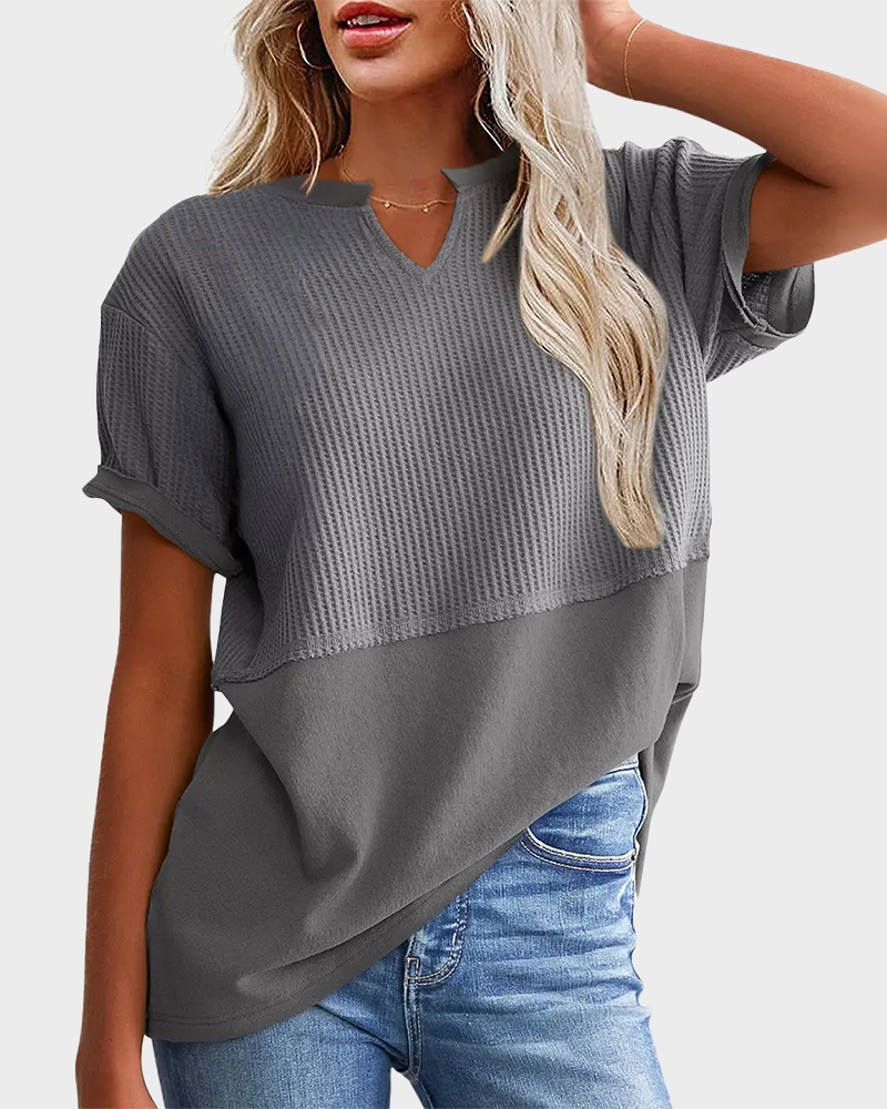 Lightweight Waffle Knit V Neck Short Sleeve Loose Fit Summer Top