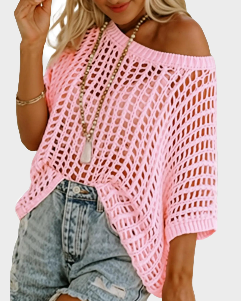 Scoop Neck Short Sleeve Crochet Hollow Out Knit Pullover Top Beach Coverup