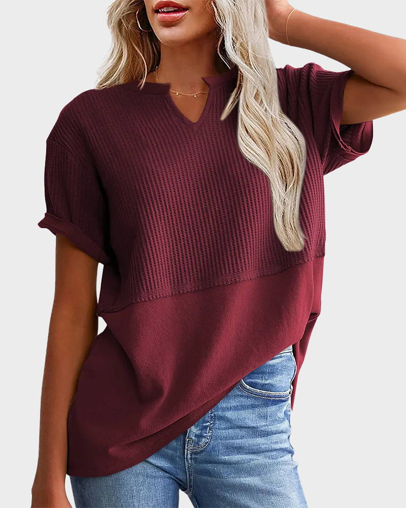 Lightweight Waffle Knit V Neck Short Sleeve Loose Fit Summer Top