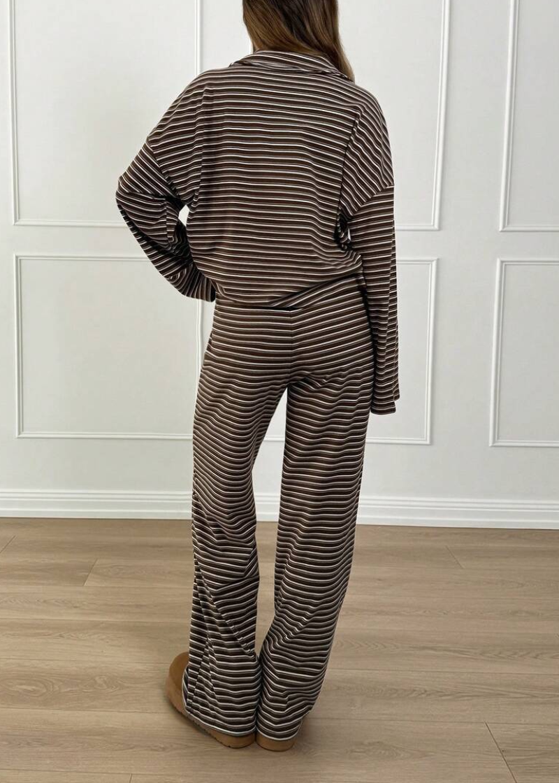 Striped Casual Pajama Set V Neck Drop Shoulder Tee & Elastic Pants Lounge Set