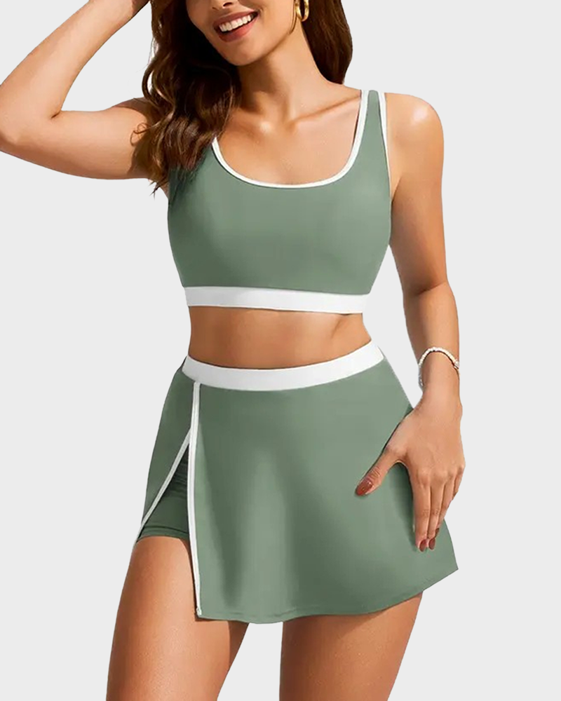 Women's Color Block Two Piece Swimsuit Bikini Set with Side Slit Swim Skirt