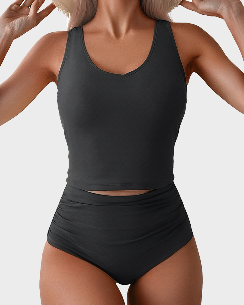 Two Piece U Back High Waisted Tummy Control Tankini Set
