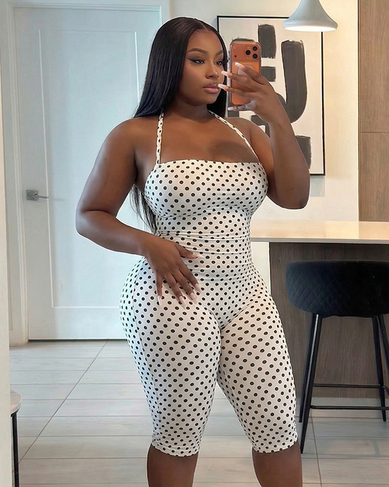 Women's Polka Dot Sleeveless Halter Bodycon Jumpsuit