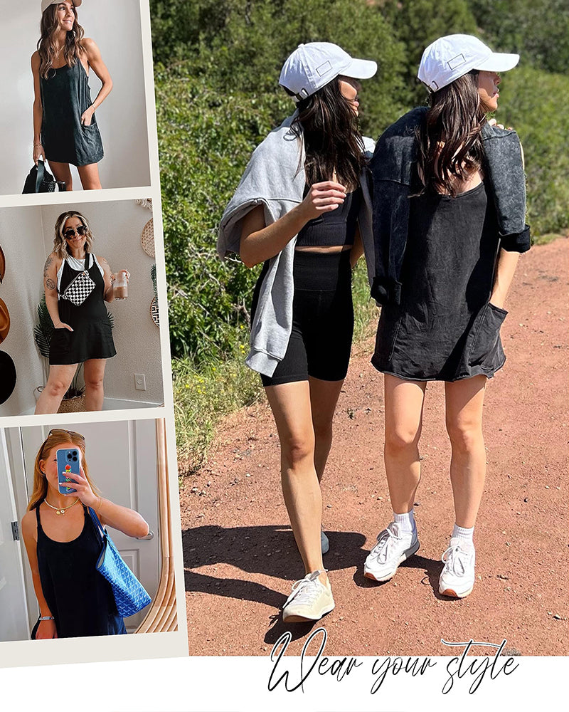 V Neck Spaghetti Strap Mini Dress Sleeveless Athletic Built in Shorts