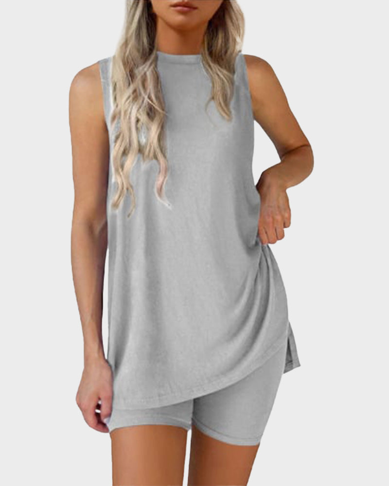 Sleeveless Crewneck 2 Piece Shorts Set Split Hem Casual Basic Fitted Homewear