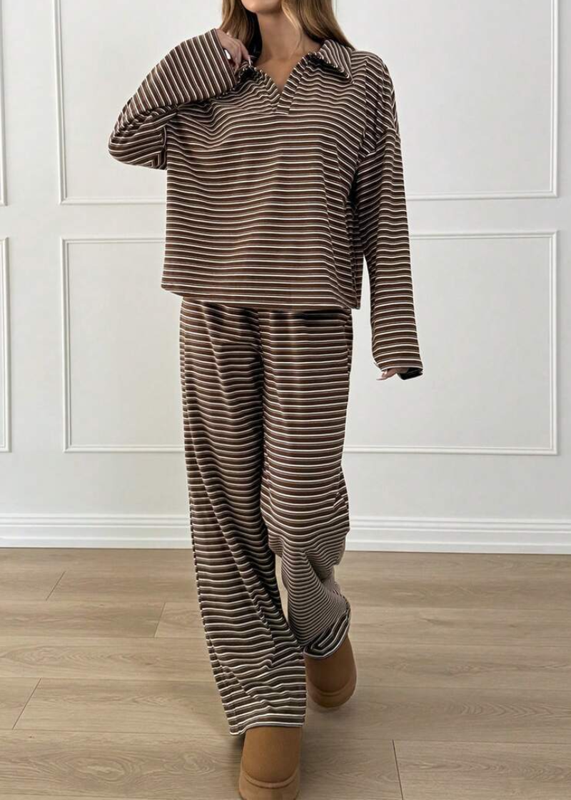 Striped Casual Pajama Set V Neck Drop Shoulder Tee & Elastic Pants Lounge Set