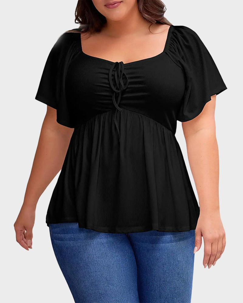 Plus Size Short Sleeve Sweetheart Neck Shirred Peplum Top Blouse