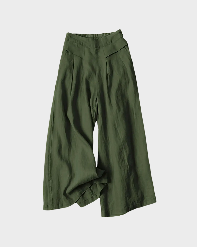 Cotton Linen Elastic Waist Wide Leg Culottes for Women with Pockets Capri Palazzo Pants
