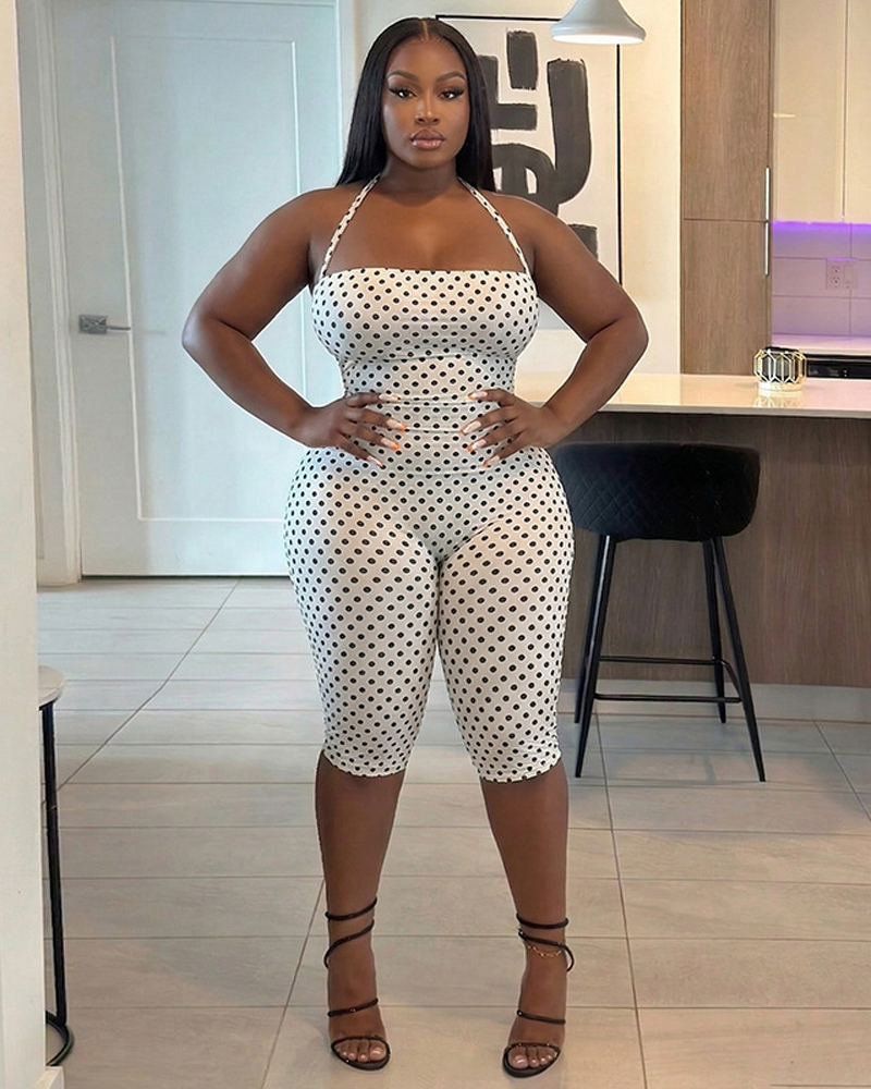 Women's Polka Dot Sleeveless Halter Bodycon Jumpsuit