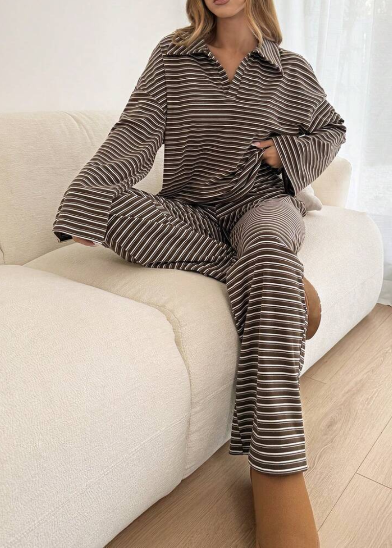 Striped Casual Pajama Set V Neck Drop Shoulder Tee & Elastic Pants Lounge Set