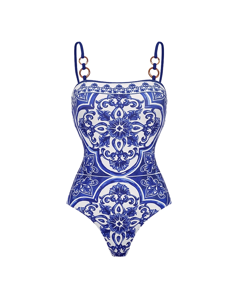 Sling Classic Majolica Series Pattern Print One Piece Swimsuit and Skirt or Shorts