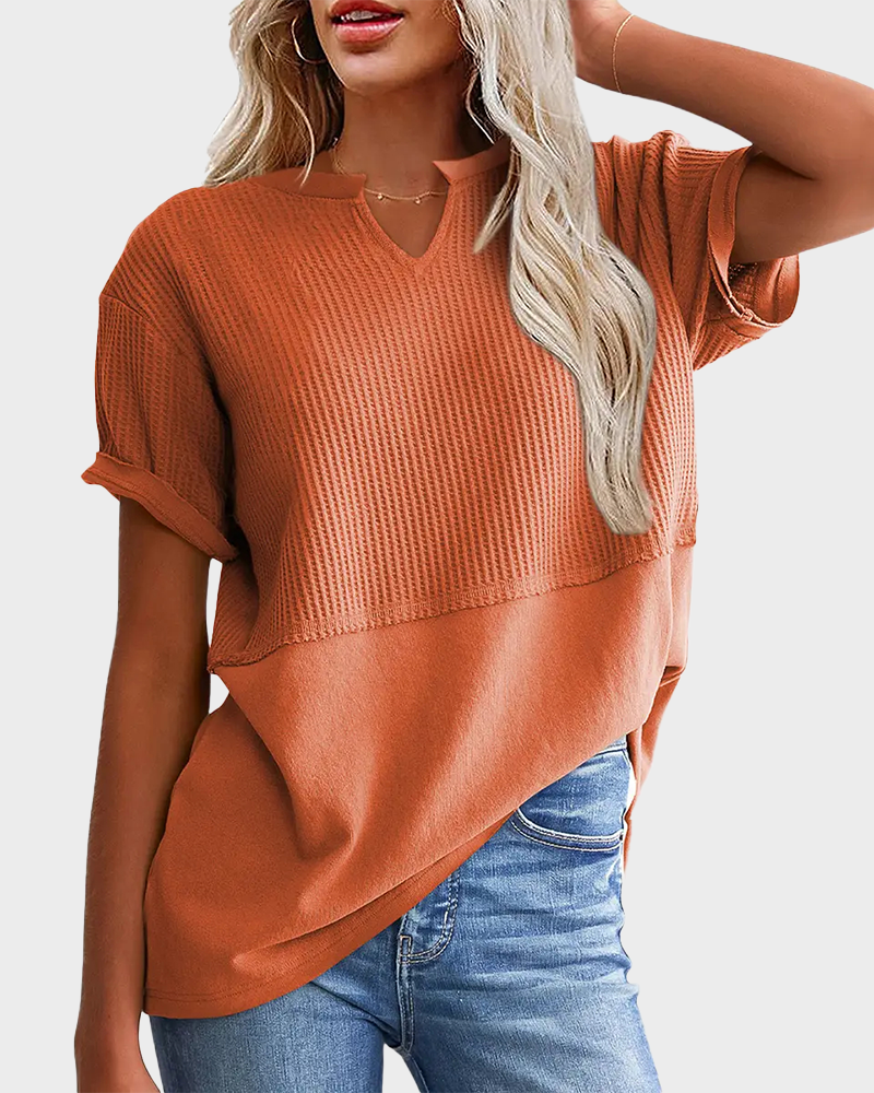 Lightweight Waffle Knit V Neck Short Sleeve Loose Fit Summer Top